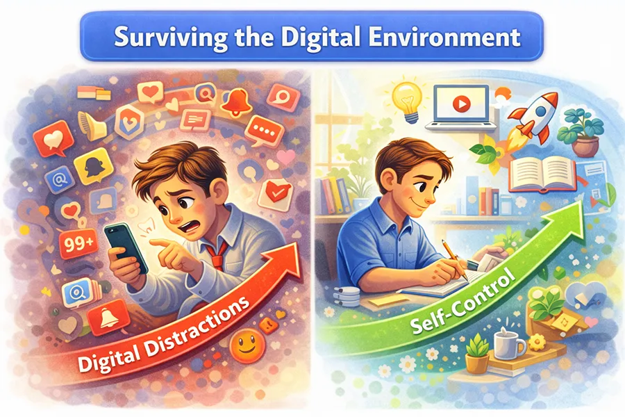 Illustration showing digital distractions overwhelming attention on one side and self-control enabling focused, meaningful work on the other