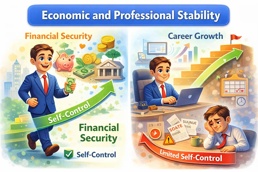 Illustration showing strong self-control leading to financial security and steady career growth, contrasted with limited self-control causing instability
