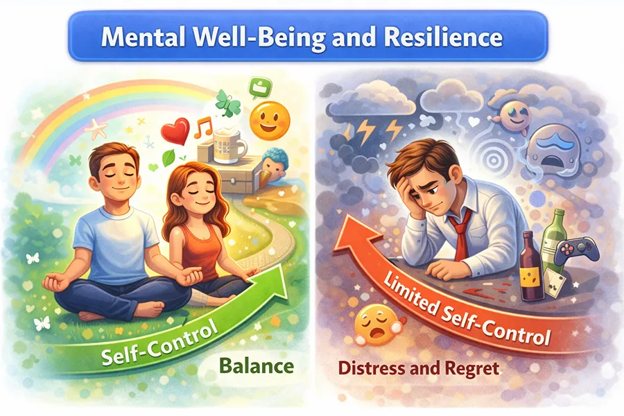 Illustration showing strong self-control associated with balance, calmness, and emotional resilience, contrasted with limited self-control linked to distress and regret