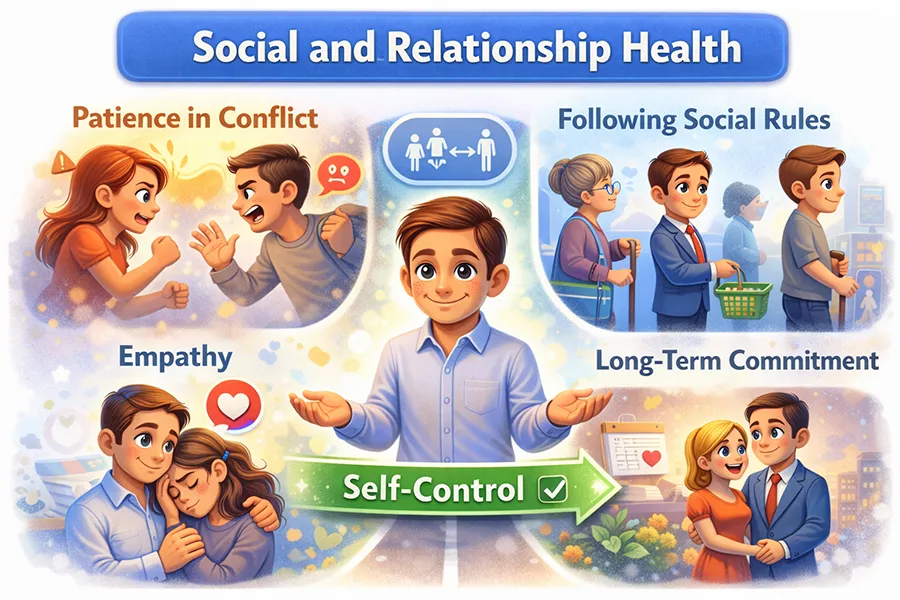 Illustration showing self-control supporting patience, empathy, cooperation, and stable relationships, contrasted with conflict when self-control is limited