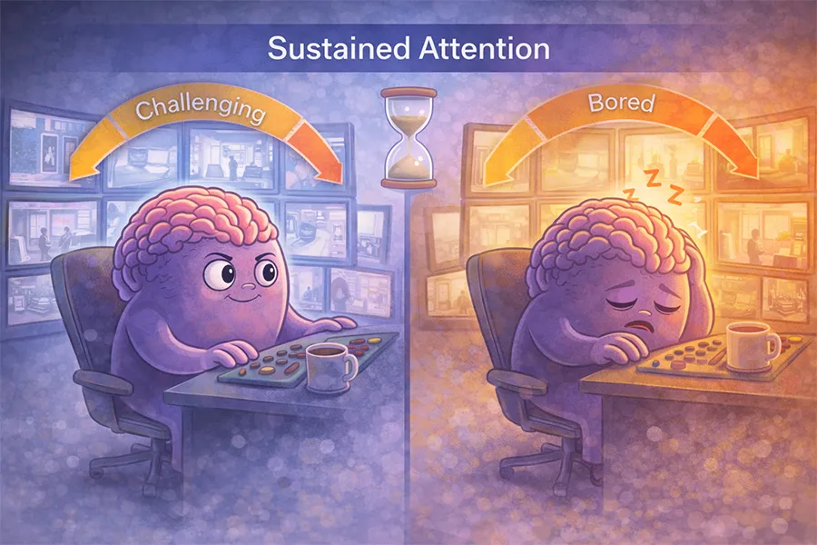 Illustration showing sustained attention as a focused brain maintaining engagement during a challenging task, contrasted with a bored, sleepy brain losing focus during repetitive work over time