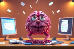 A 3D illustration of a brain switching between two computer screens while emails fly around, representing frequent task switching and mental overload