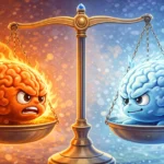 Illustration of a balanced scale holding two brains: a red flaming brain representing the hot emotional system and a blue icy brain representing the cold rational system
