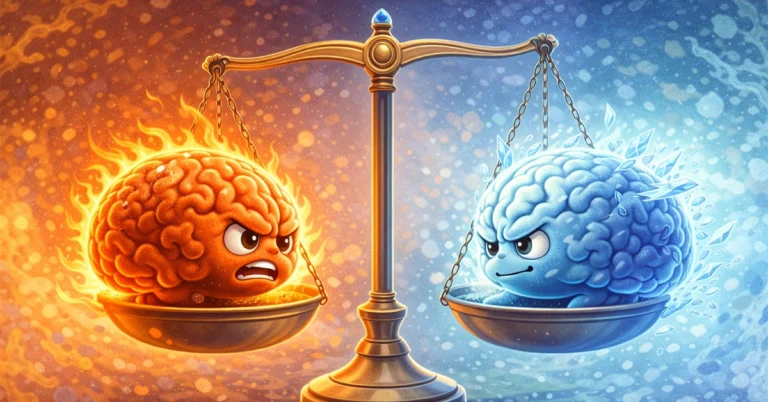 Illustration of a balanced scale holding two brains: a red flaming brain representing the hot emotional system and a blue icy brain representing the cold rational system