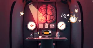 A 3D illustration of a brain in a control room with a single spotlight of focus while emails, clocks, and notifications float around, representing multitasking and divided attention