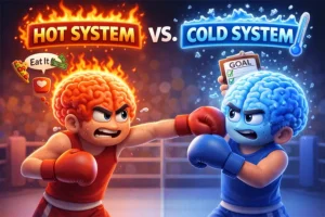 3D Pixar-style illustration of two characters boxing, one with a fiery brain labeled hot system representing impulses and emotions, and the other with an icy brain labeled cold system holding goals