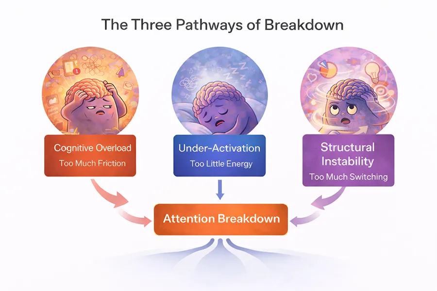 Diagram showing three pathways of attention breakdown: cognitive overload from excessive demands, under-activation from low energy or fatigue, and structural instability from frequent task switching, all converging into attention breakdown