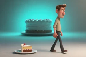 A person walking away from a slice of cake, illustrating self-control translating a decision into action