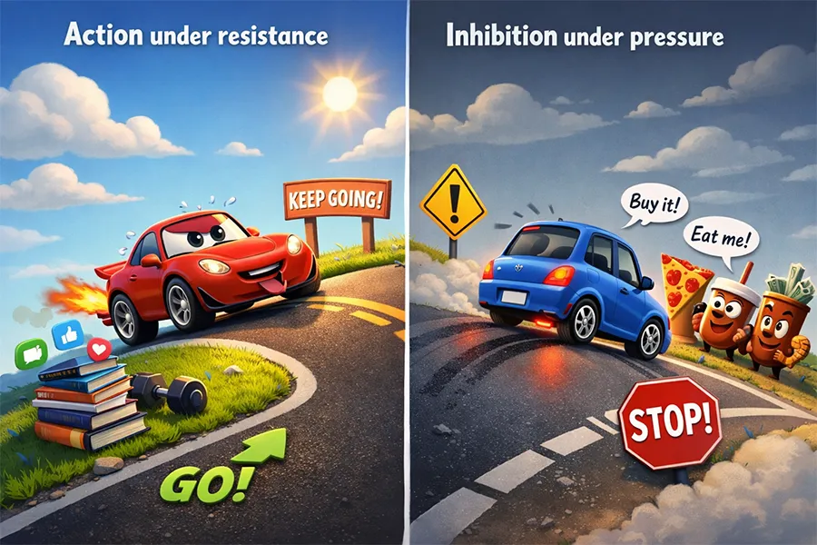 Pixar-style illustration showing a car accelerating uphill to represent effortful action, and the same car braking downhill to represent self-control and inhibition under pressure