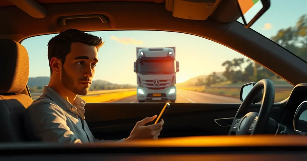 Photorealistic image of a man inside a car looking at his phone while driving, with a large lorry approaching directly in front of him on the road, creating a dangerous situation