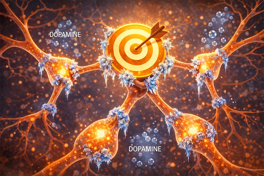 Illustration showing neurons holding a goal target while dopamine stabilizes their connections