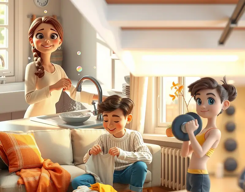 Pixar-style 3D illustration of a woman washing dishes at a sink, a boy happily folding laundry on a sofa, and a young woman lifting a dumbbell in a bright, cozy home environment, representing simple low-cognitive-load activities