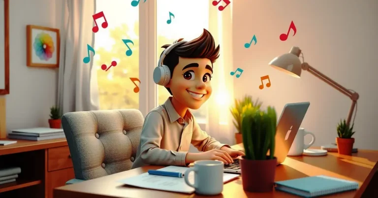 Pixar-style 3D illustration of a smiling man wearing headphones, listening to music while working on a laptop in a bright home office, with colorful music notes floating around him