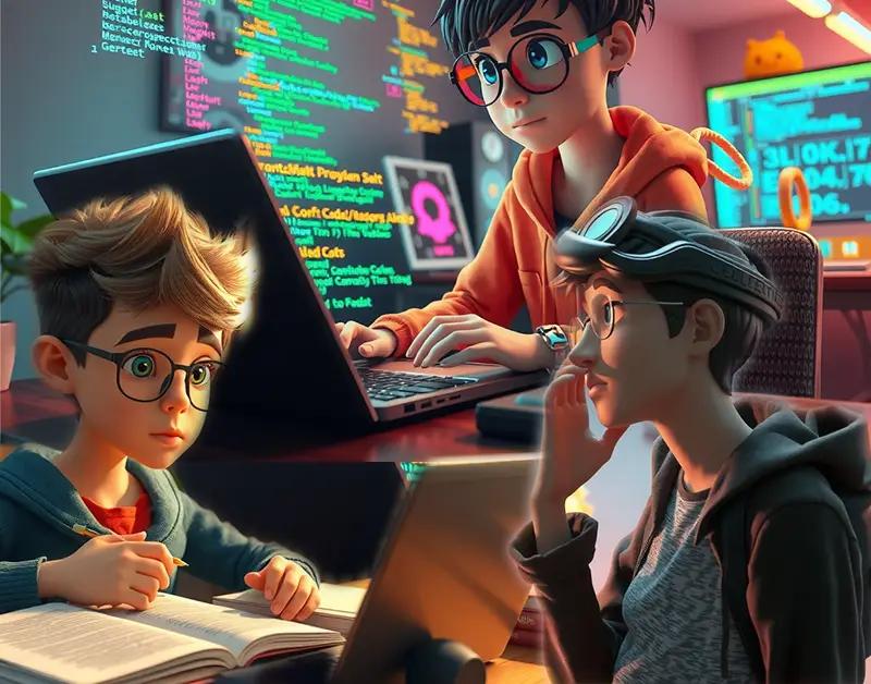 Pixar-style 3D illustration of three young people performing high-focus tasks: one studying with a book, one coding at a laptop with glowing code on the screen, and another solving a problem while thinking deeply beside a tablet