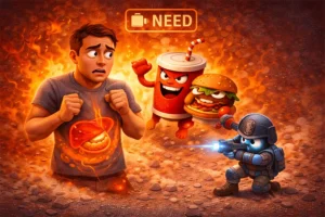 Illustration of a hungry man struggling against tempting junk food, showing how hunger weakens self-control