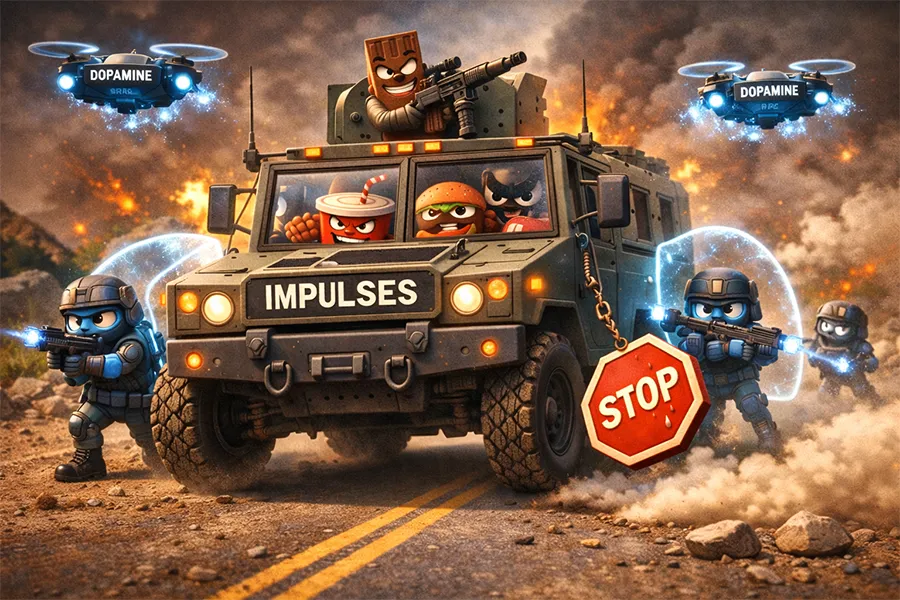 Illustration of a vehicle labeled impulses guarded by dopamine soldiers, showing how impulses receive strong brain support