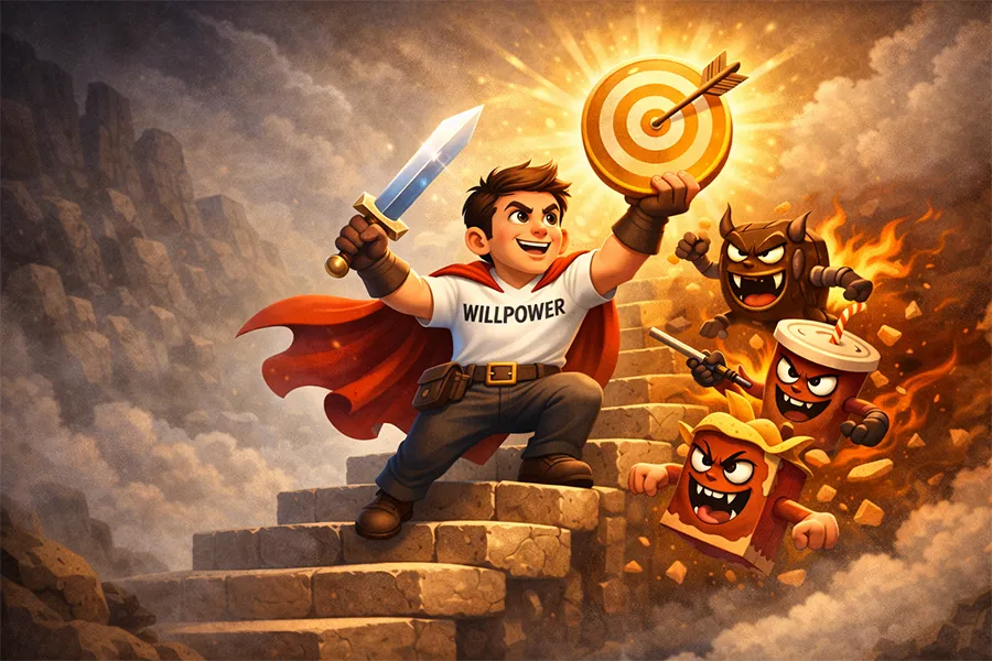 Illustration of a character named Willpower climbing stairs while holding a goal target and fighting food temptations with a sword