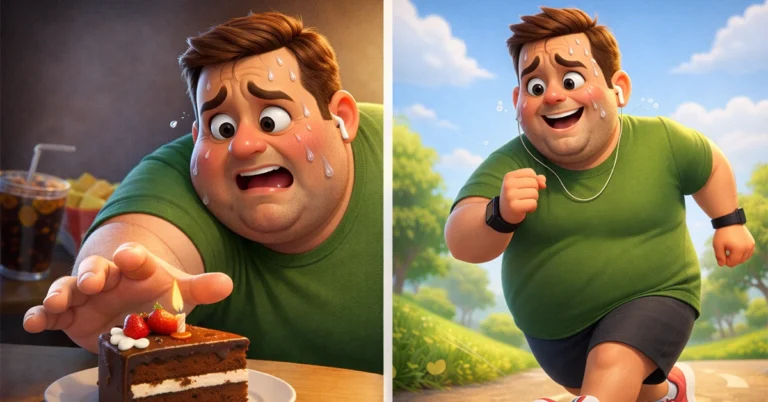 Split illustration showing the same man struggling to resist cake on one side and happily jogging on the other, representing willpower and self-control