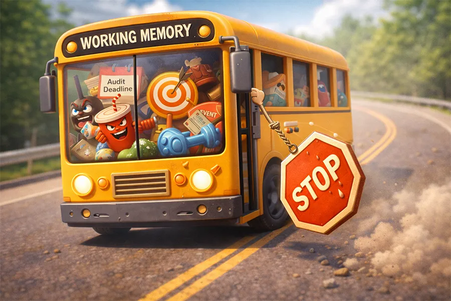 Cartoon-style image of a crowded bus labeled working memory with a stop sign falling off, showing weakest connection dropped first